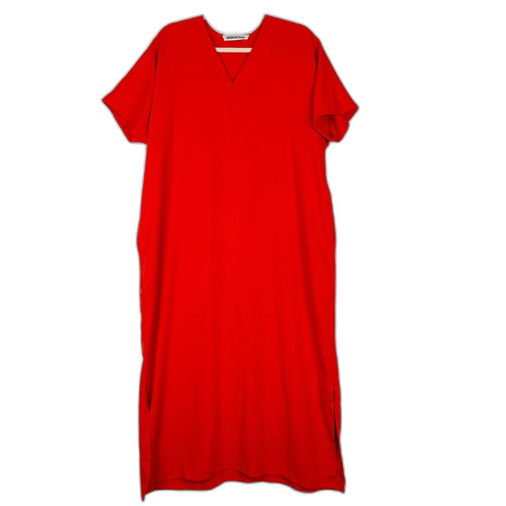 Roucha Deo Dress Size B US Medium Red Crepe V-Neck Pockets Split Hem Oversized